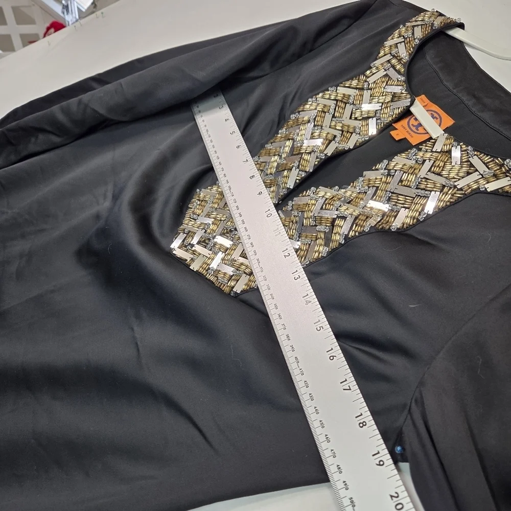 Tory Burch Black Embellished Shift Dress Size 8 Long Sleeve Beaded Neckline